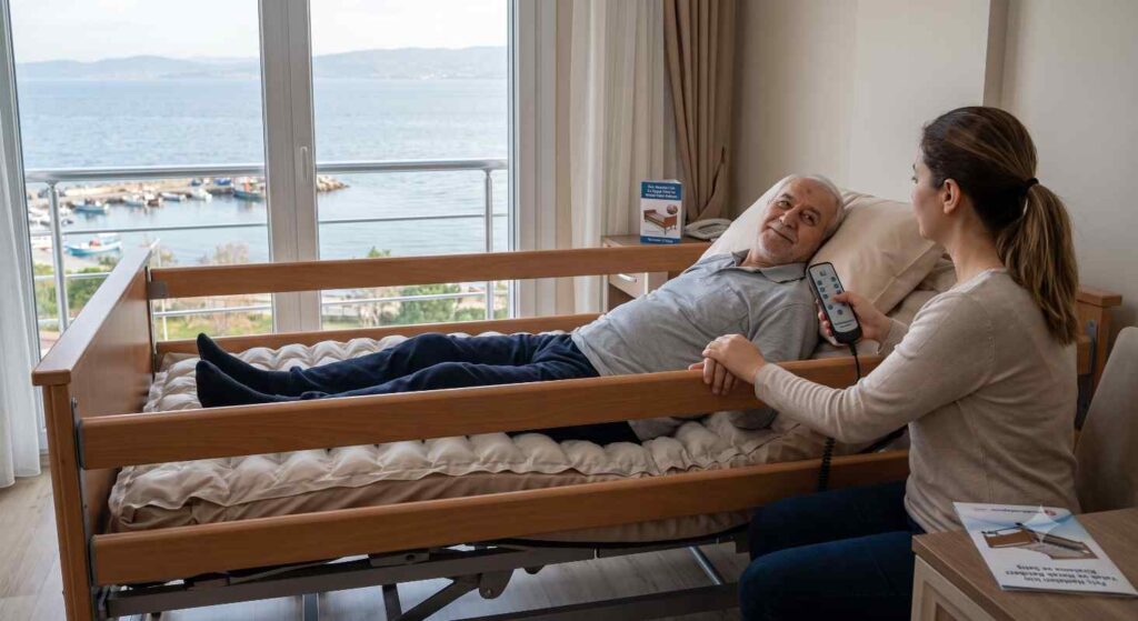 Elektrikli hasta yatağı üzerinde yatan hasta ve bakıcısı