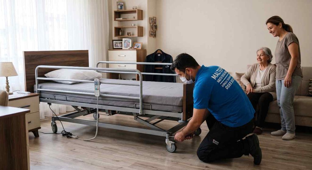 Evde bakım için kurulumu yapılan bir hasta yatağı