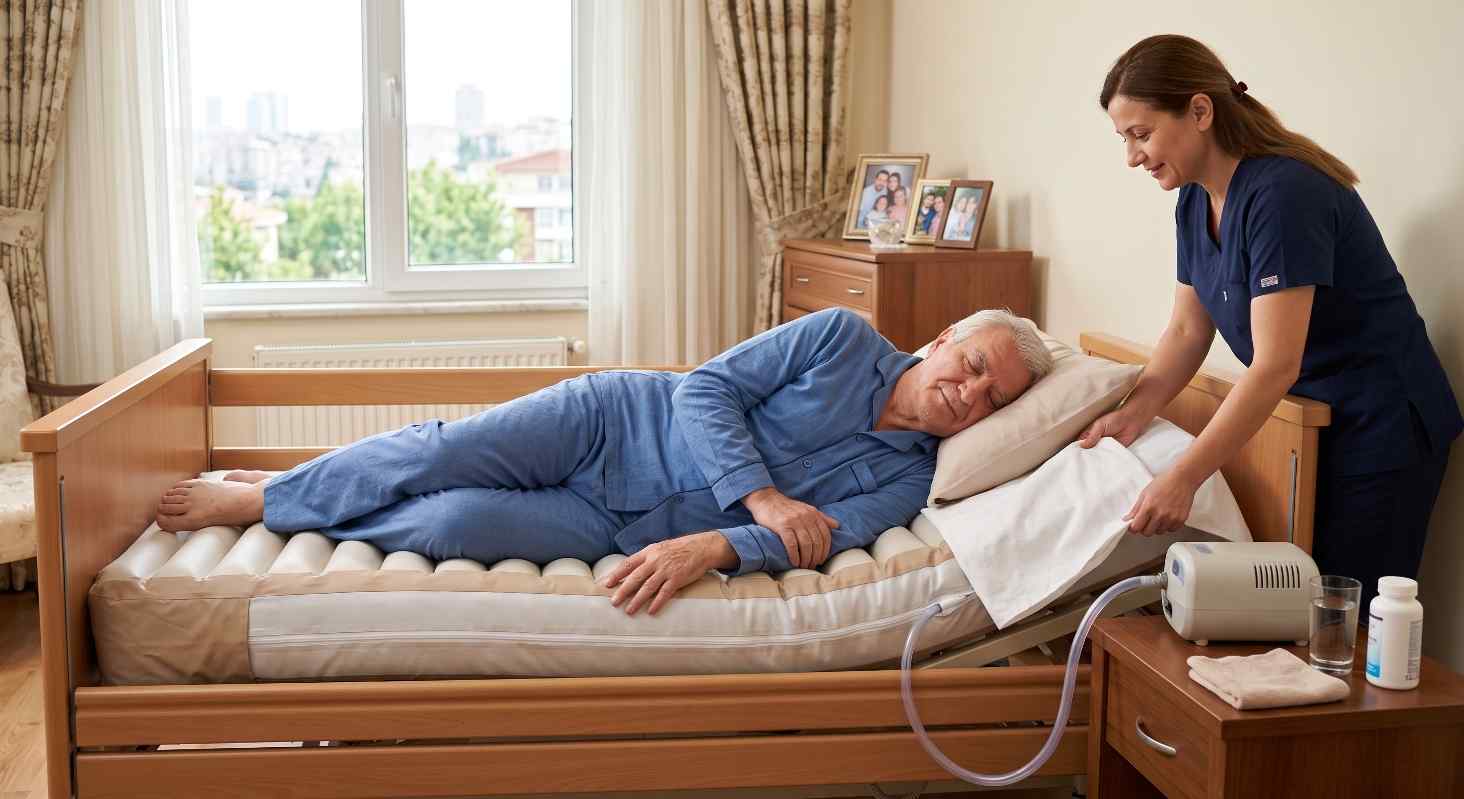 Havalı yatak üzerinde yatan bir hasta ve bakıcısı